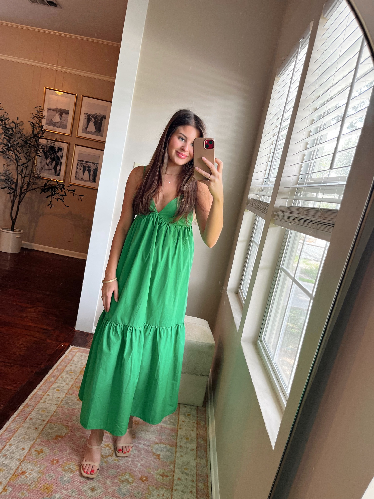 Kelly green dress , wearing size XS 
Versatile and can be dressed down sight sneakers 

forever 21, summer style, midi dress, nude heels, chain link gold necklace, gold bangle, Roberto coin, cross necklace, gold hoops, amazon shoes

#LTKstyletip #LTKunder50