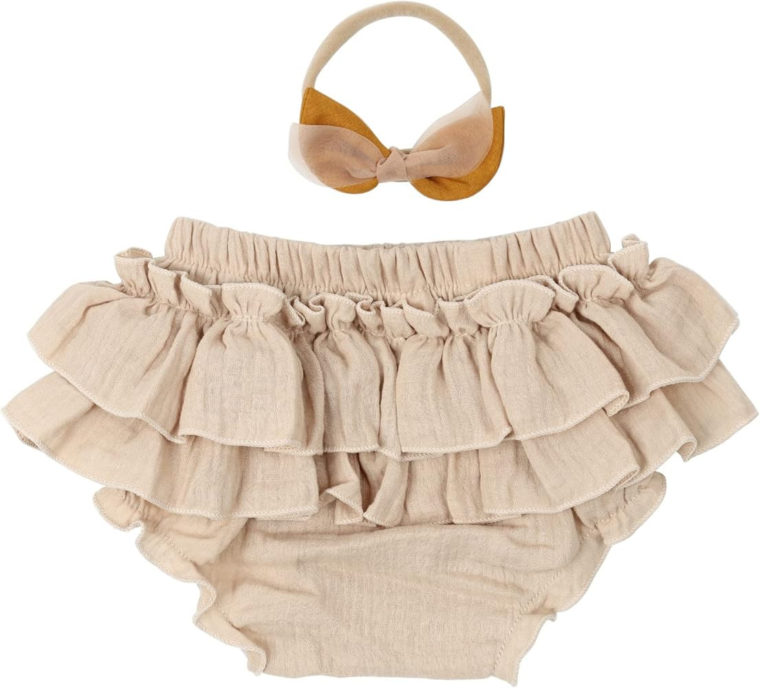 HOOLCHEAN Baby Girls Cotton Gauze Ruffle Bloomer Shorts with Bowknot Headband | Amazon (US)