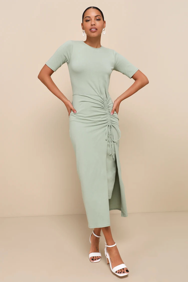 Neighborhood Strolls Sage Green Ruched Short Sleeve Midi Dress | Lulus