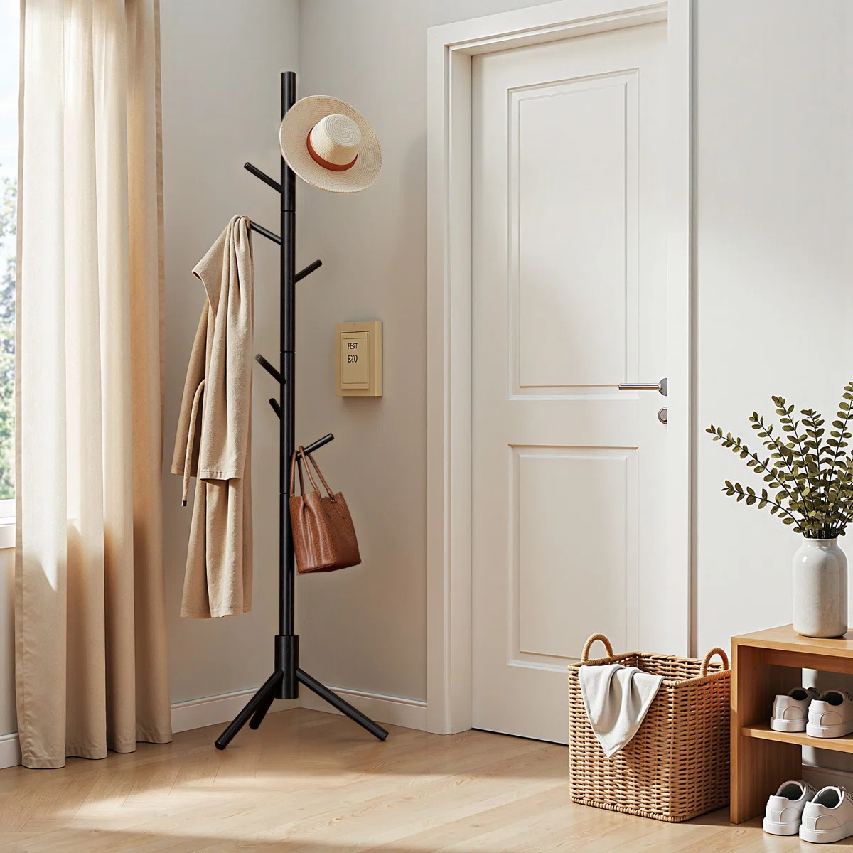 Adosinda 8 - Hook Freestanding Adjustable Solid Wood Coat Rack for Bedroom, Closet, Entrance | Wayfair North America