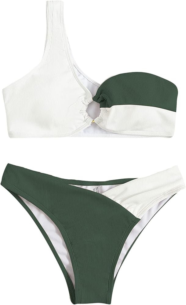 SweatyRocks Women's Two Piece Bathing Suit Color Block One Shoulder Ribbed Bikini Swimsuit | Amazon (US)