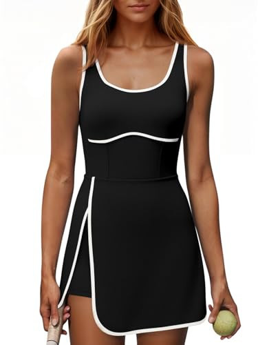 Fisoew Womens Workout Tennis Dress with Built-in Bra & Shorts Pockets Sleeveless Cutout Golf Athletic Mini Dresses Black | Amazon (US)