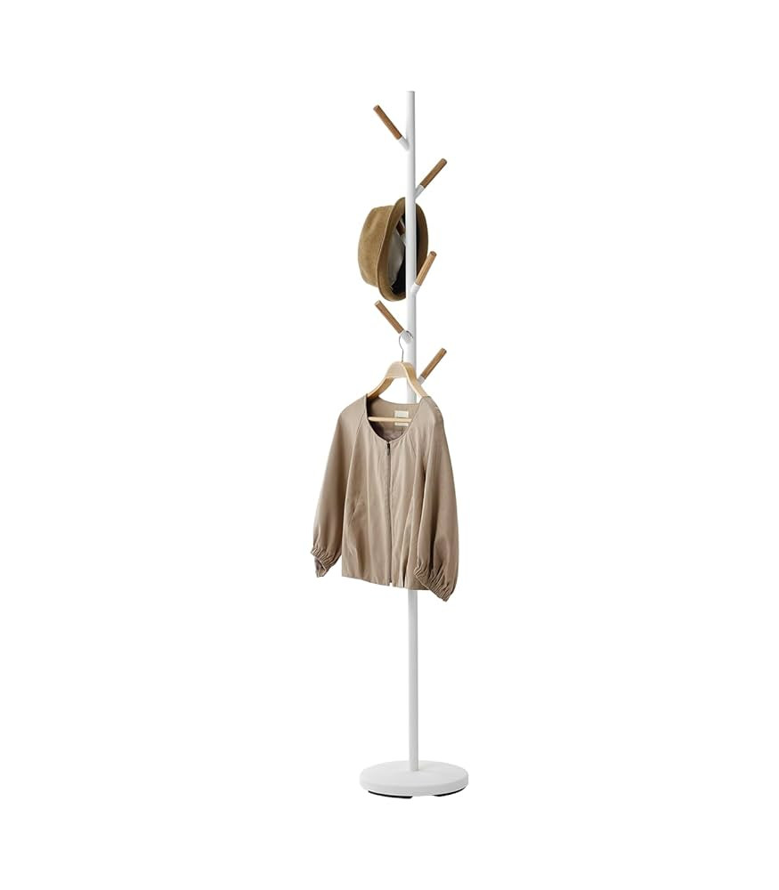 Yamazaki Home Freestanding Coat Hanger Rack with Wooden Hooks, Space Saving Steel One Size White | Amazon (US)