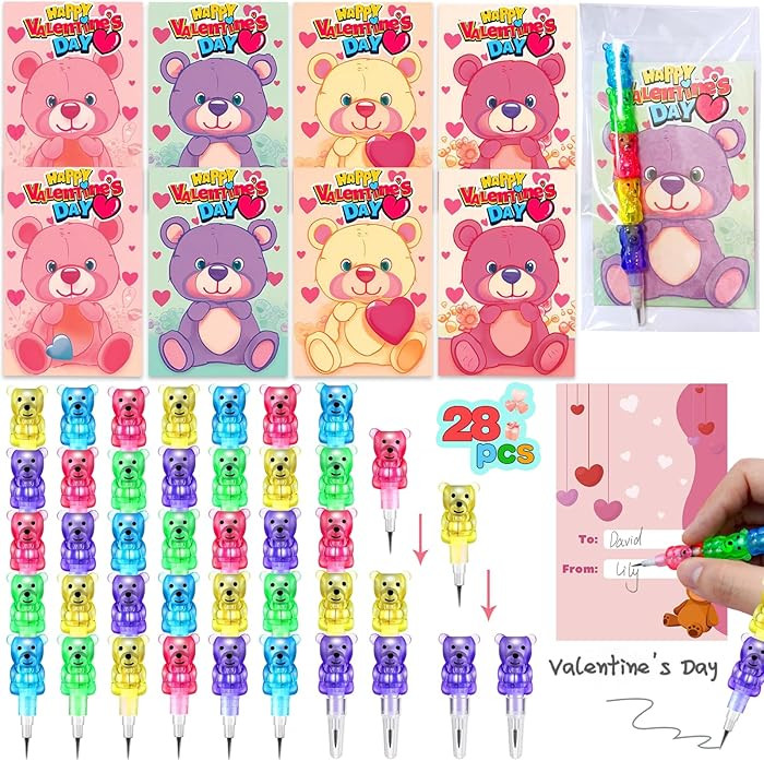 28 Pack Valentines Day Gifts for Kids Classroom Stacking Pencils ,Valentines Day Cards with Cute ... | Amazon (US)