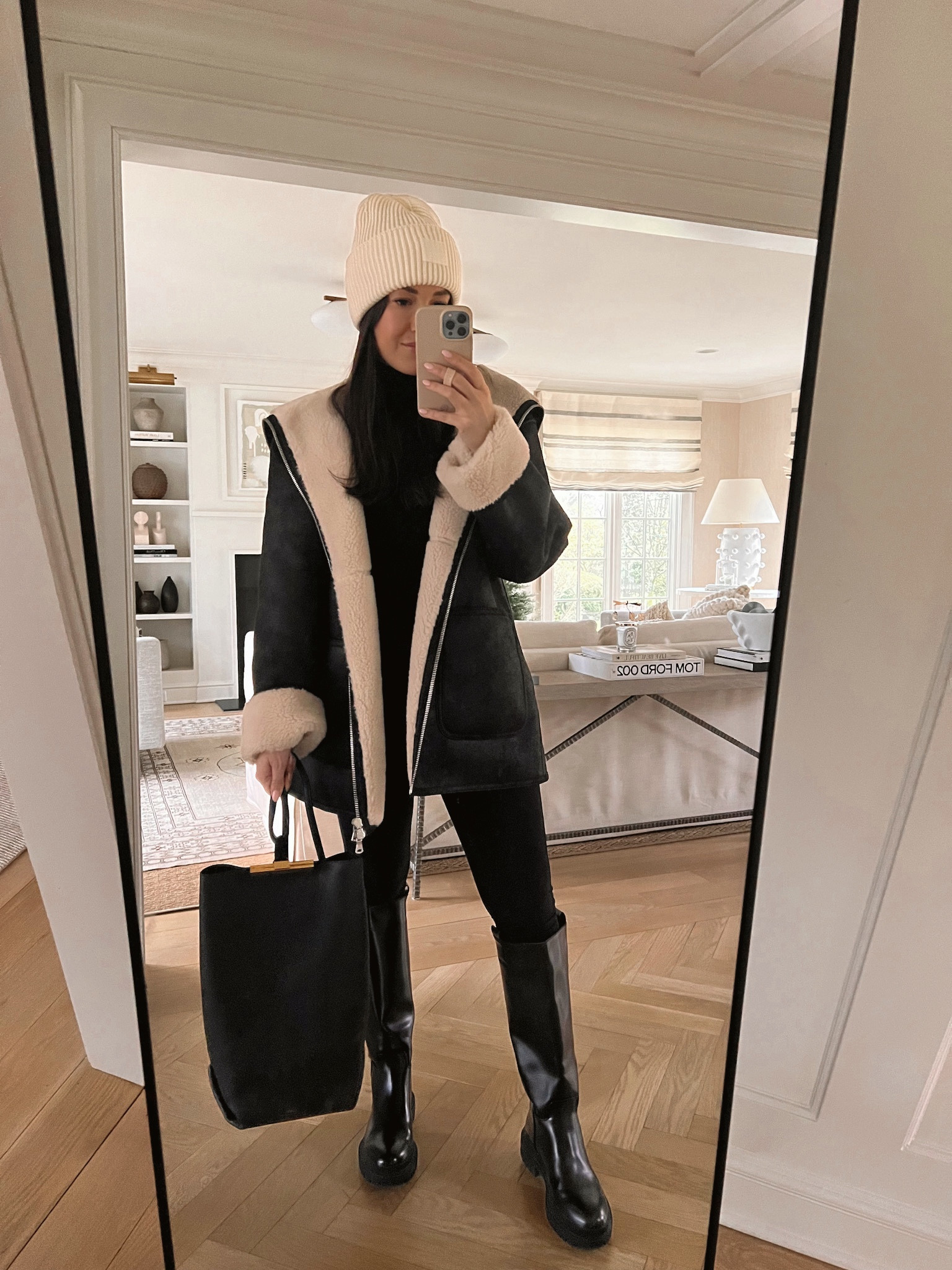 Faux shearling jacket, black turtleneck, spanx leggings 

#LTKSeasonal #LTKunder100