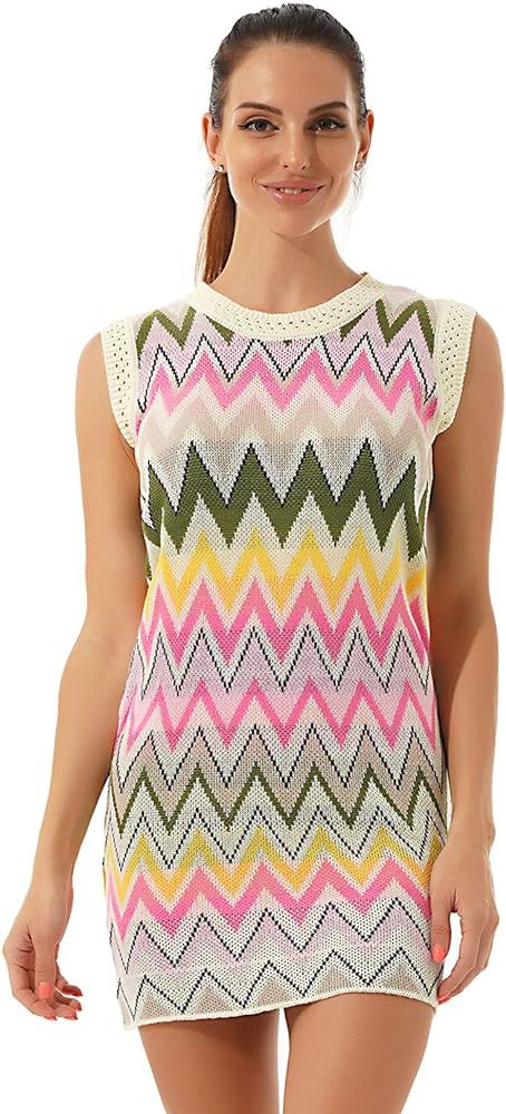 Women's Rainbow Striped Round Neck Knitted Mini Dress Sleeveless Hollow Out Dress | Amazon (US)