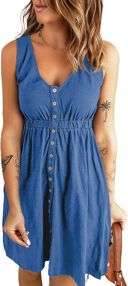 Acelitt Women Summer Casual Sleeveless Button Down Elastic Waist Swing Dresses, XS-2XL | Amazon (US)