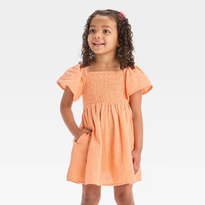 Toddler Girls' Gold Striped Short Sleeve Dress - Cat & Jack™ Peach Orange 12M | Target