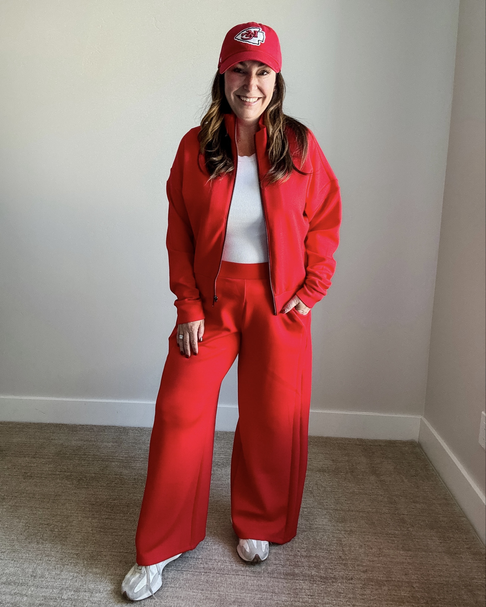 @spanx Red Sportwear Sideline Mom Outfit wearing XL petite in pants, large in jacket, XL in tank 

 #athleisureoutfit #holidayred #spanxpartner 

 

#LTKActive #LTKHoliday #LTKMidsize