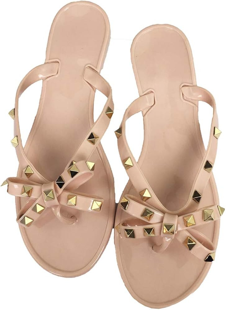 Women Stud Bow Flip-Flops Sandals Beach Flat Rivets Rain Jelly Shoes | Amazon (US)