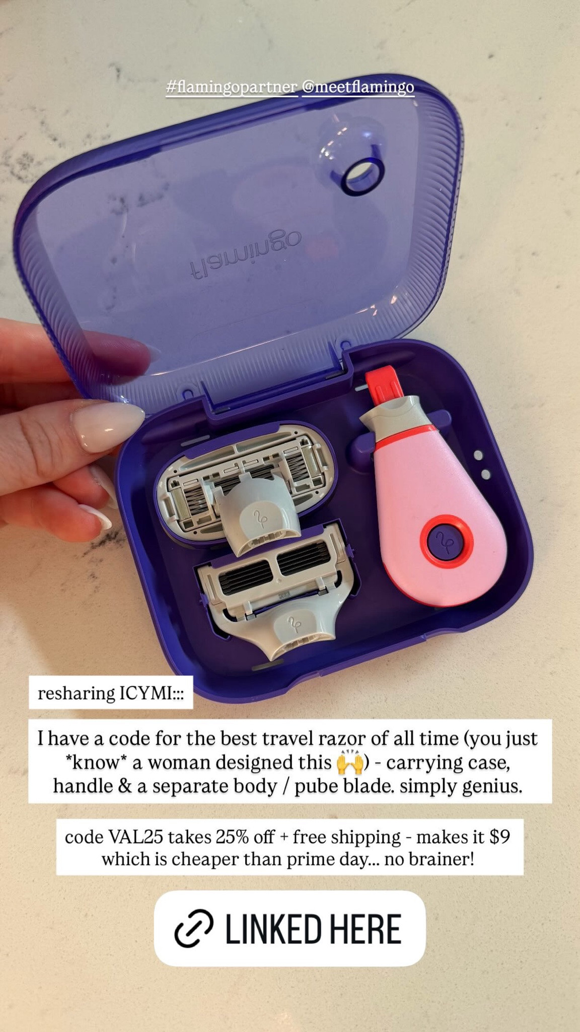 I have a code for the best travel razor of all time (you just *know* a woman designed this 🙌) - carrying case, handle & a separate body / pube blade. simply genius.

code VAL25 takes 25% off + free shipping - makes it $9 which is cheaper than prime day... no brainer!

#LTKTravel #LTKselfcare #LTKgrwm