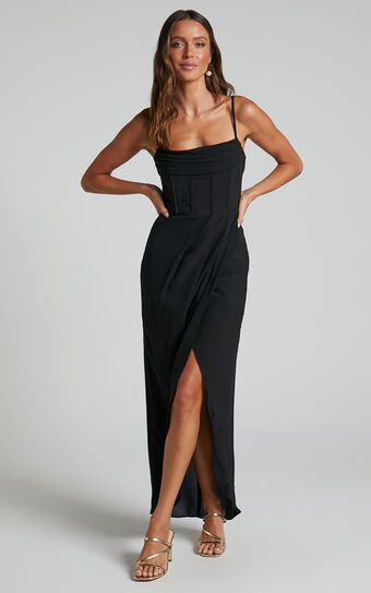 Andrina Midi Dress - High Low Wrap Corset Dress in Black | Showpo (US, UK & Europe)