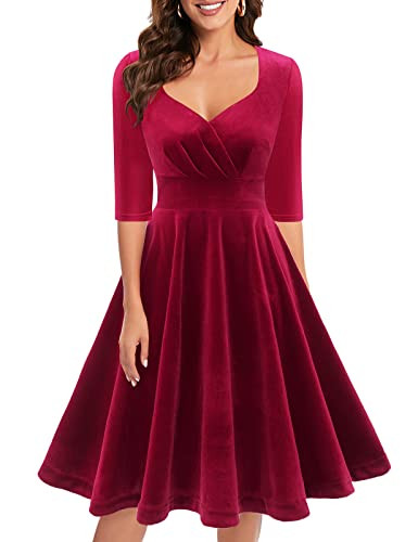 Womens Red Long Sleeve Velvet Dress Vintage Cocktail Formal Evening Party Wedding Guest Midi Swing Dress V-Dark Red L | Amazon (US)