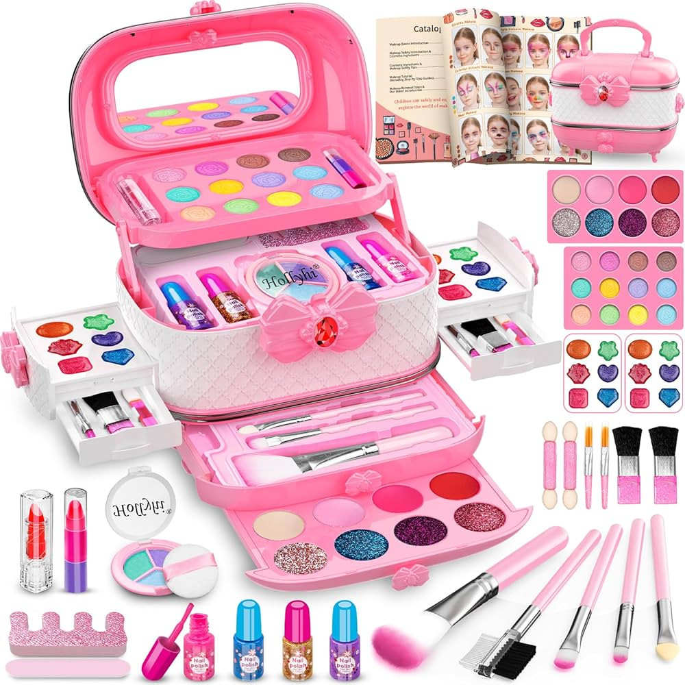 Hollyhi 58 Pcs Kids Makeup Kit for Girl, Princess Toys Real Washable Cosmetic Set with Mirror, Ki... | Amazon (US)