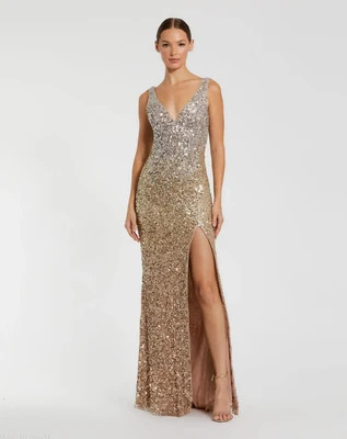 Shimmering Gold Sleeveless V-Neck Embellished Gown | Mac Duggal