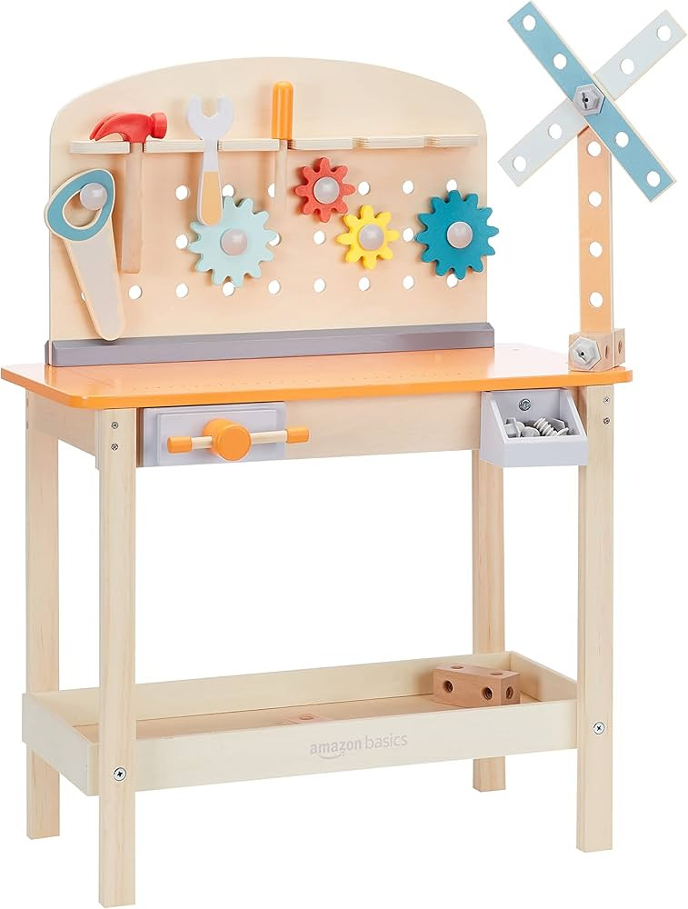 Amazon Basics Wooden Play Toy Tool Set and Workbench for Toddlers, Preschoolers, Children Age 3+ ... | Amazon (US)