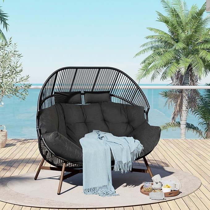 Grand patio Outdoor Modern 2-Seat Wicker Egg Chair with Cushion, Stationary Patio Loveseat Accent... | Amazon (US)