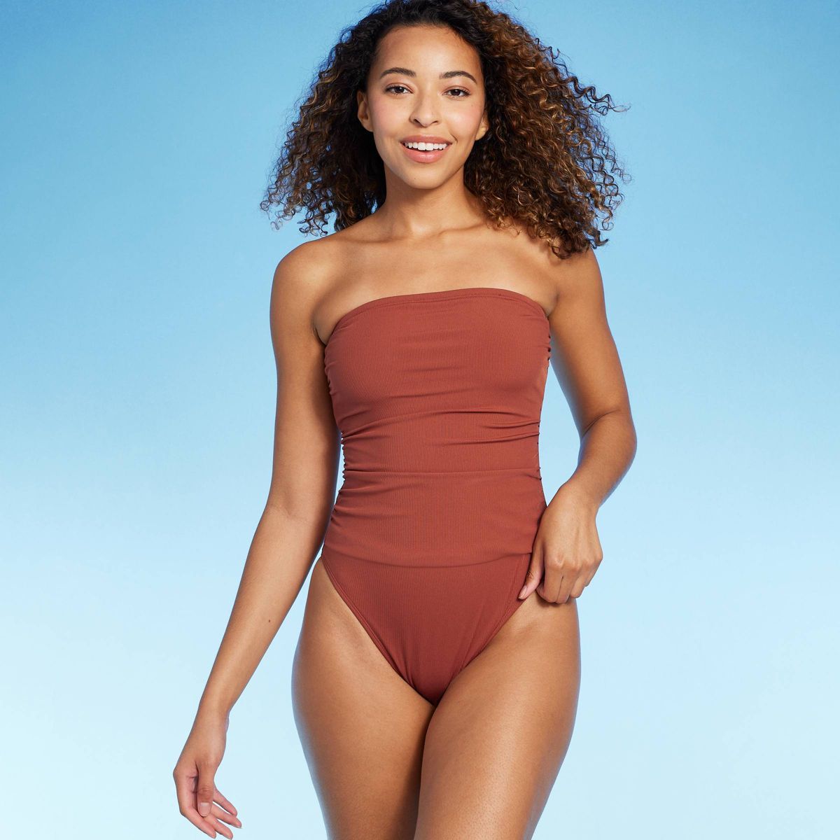 Women's Shirred Ribbed Bandeau Cheeky One Piece Swimsuit - Shade & Shore™ Brown M | Target
