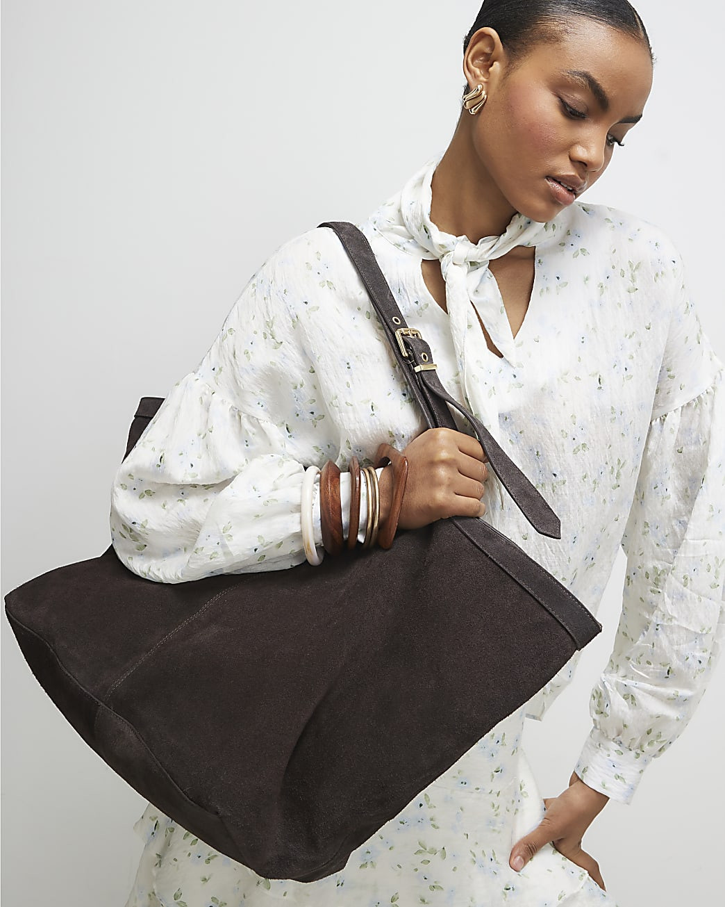 Brown Buckle Handle Suede Shopper Bag | River Island UK & IE