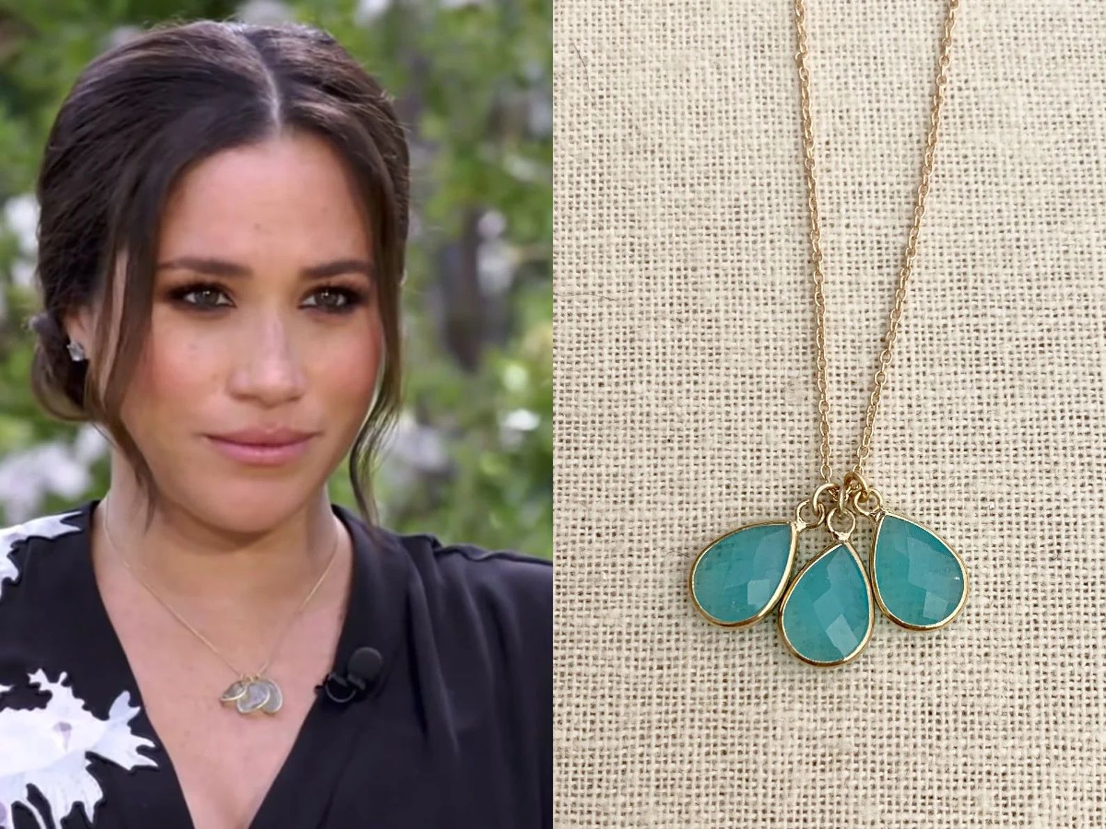 Read the full title
    Meghan Markle Milky Aqua Blue Gold Faceted Teardrop Three Crystal Charm R... | Etsy (US)