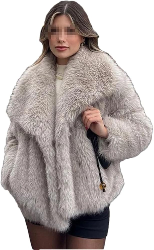 Ownwfeat Winter Fur Coat Women Big Fur Collar Faux Fur Jacket | Amazon (US)