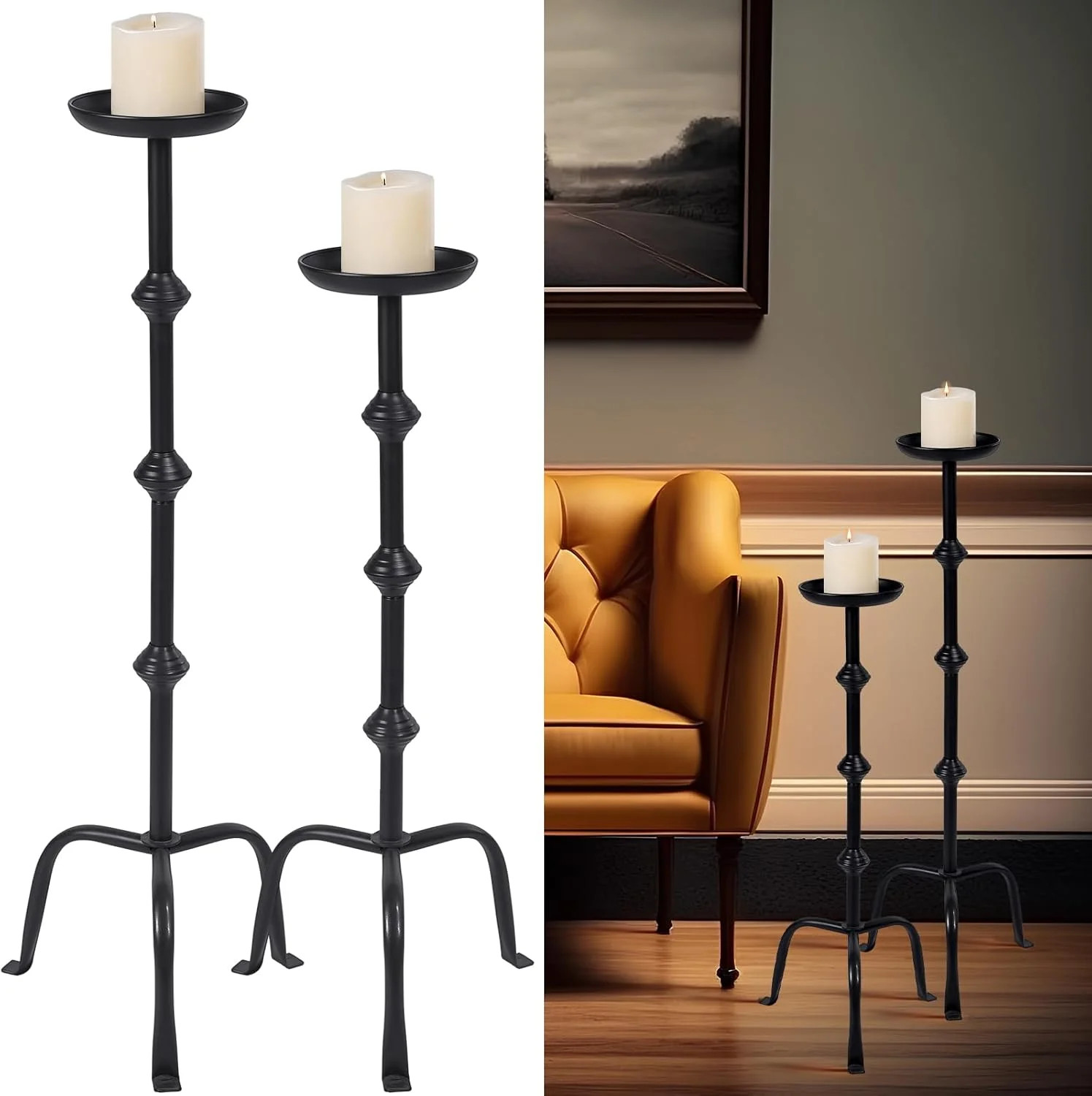 YANGLI 2 Pcs Metal Candlestick Floor Pillar Candleholder Set - 32 & 27 Inch Black for Wedding, Ch... | Walmart (US)
