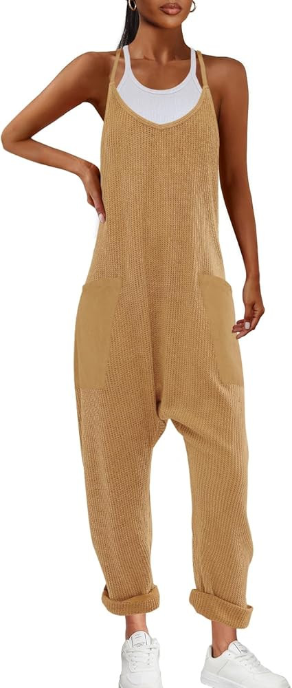 Womens Waffle Knit Jumpsuits One Piece Romper Sleeveless Onesie with Pockets Spaghetti Strap Overall | Amazon (US)