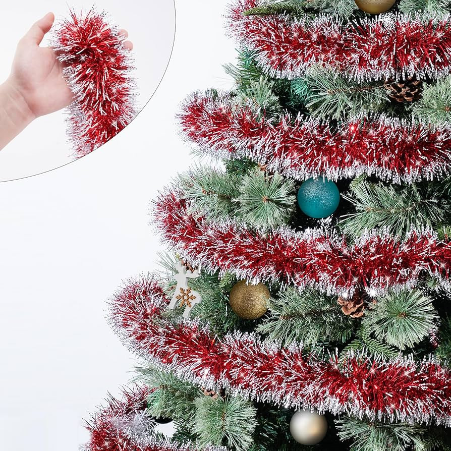 50 Ft Red/White Tinsel Garlands Christmas Tree Decorations, Thick Thin Metallic Streamers Xmas Ch... | Amazon (US)