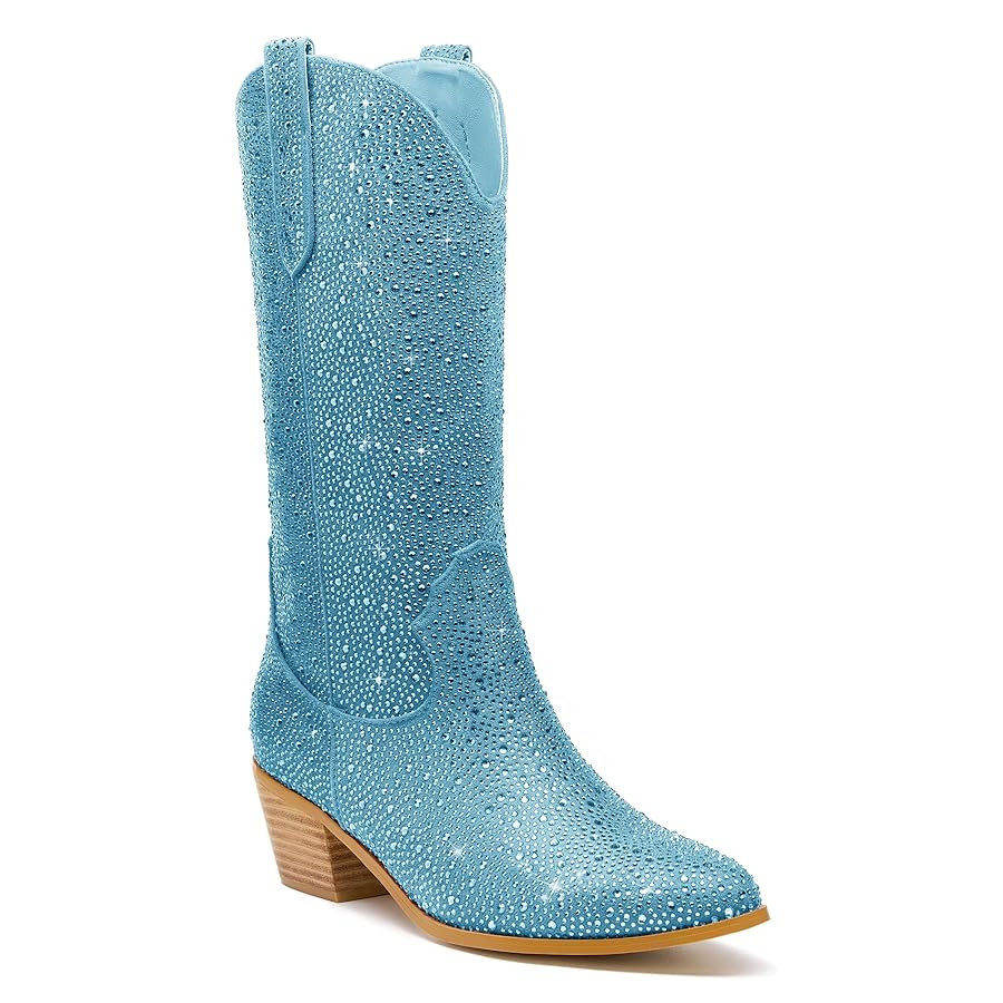 Rhinestone Cowboy Boots for Women Sparkle Tall Cowgirl boots bling Pointed Toe Low Chunky Stacked... | Amazon (US)