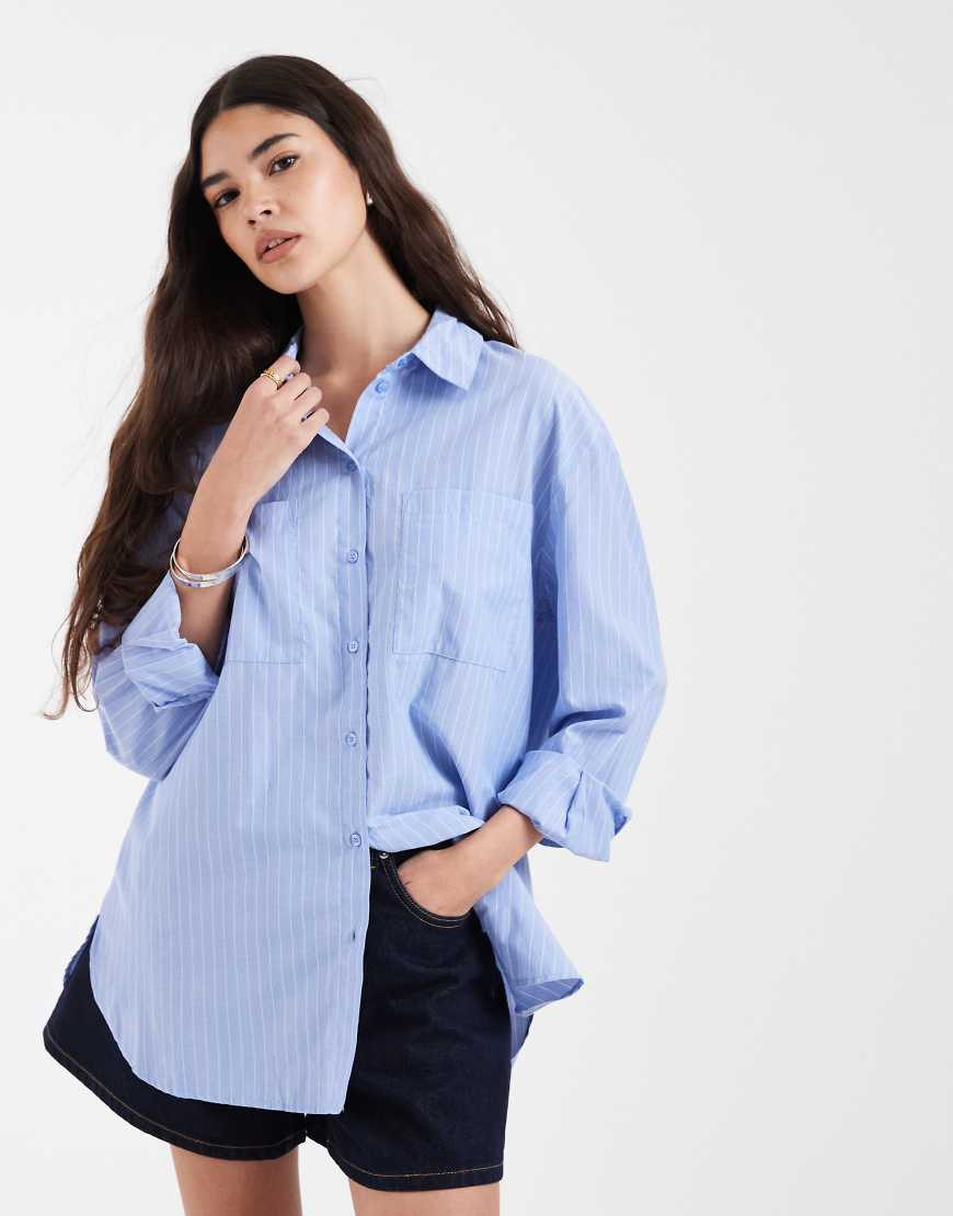 Pieces oversized shirt in blue and white stripe | ASOS (Global)