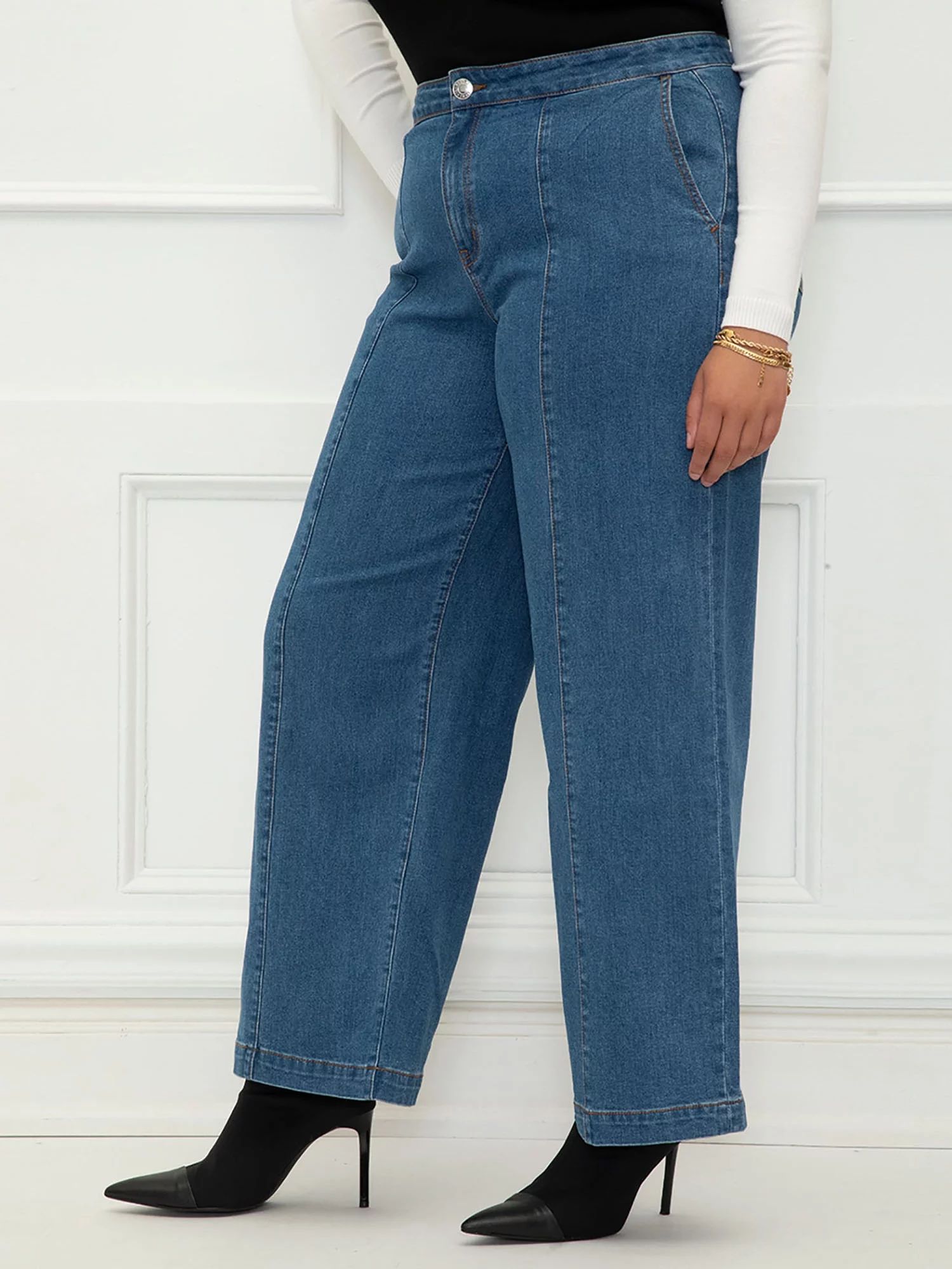 ELOQUII Elements Women's Plus Size Wide Leg Trouser Jeans - Walmart.com | Walmart (US)