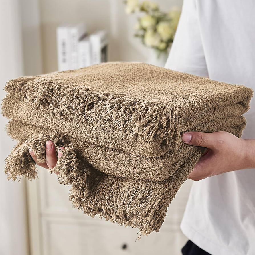Throw Blanket for Couch-Soft Boho Bed Throw Blanket,Knitted Tan Fluffy Throw Blanket,Cozy Fuzzy C... | Amazon (US)