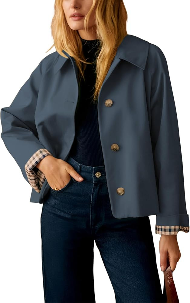 Dqbeng Womens Short Trench Jacket Plaid Lining Button Front Lightweight Classic Casual Outerwear ... | Amazon (US)