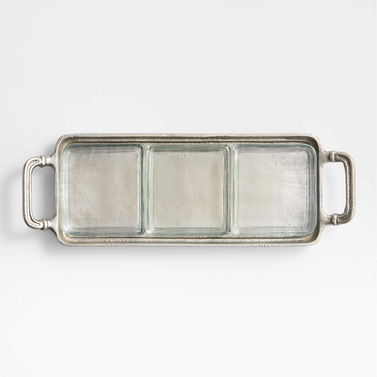 Argento Antique Metal Rectangular Tray with Divided Glass Bowls | Crate & Barrel | Crate & Barrel
