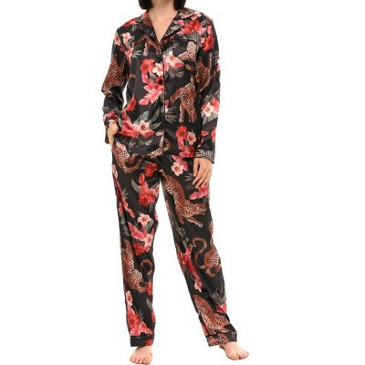 ADR Long Sleeve Satin Pajama Set for Women, Satin PJs for Women Set, Womens Satin Pajama Set Black Tiger Floral Small | Target