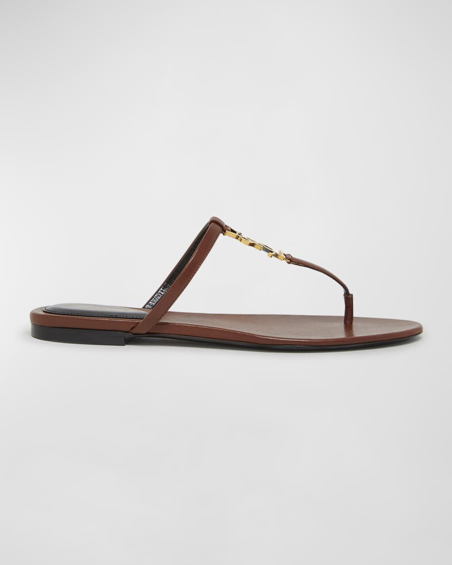 Saint Laurent Cassandra Leather YSL Thong Sandals | Neiman Marcus