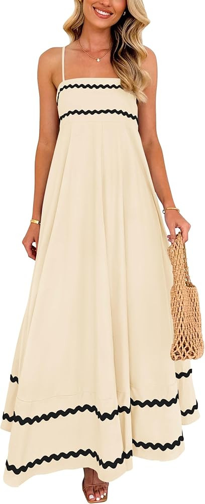 PRETTYGARDEN Women's 2025 Summer Flowy Maxi Dress Casual Sleeveless Spaghetti Strap Ruffle Beach ... | Amazon (US)
