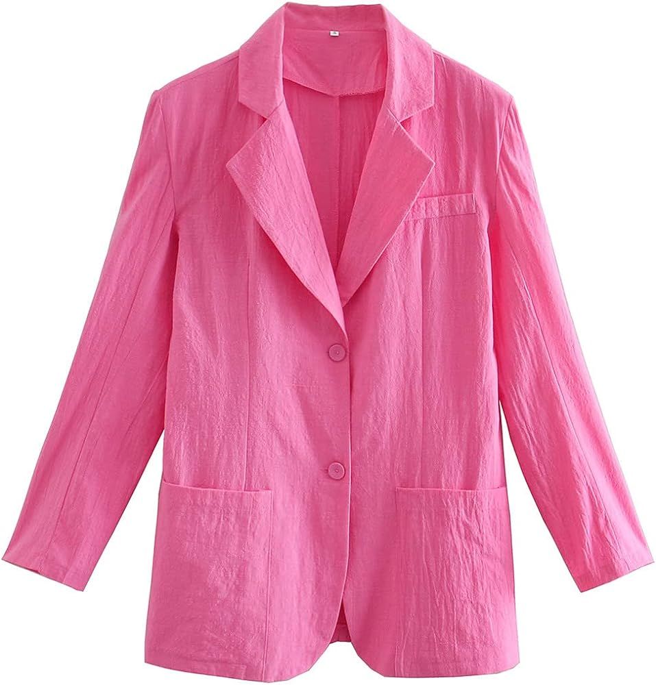 Meladyan Women Shoulder Pad Oversized Linen Blazer Notch Lapel V Neck Casual Open Button Front Jacke | Amazon (US)