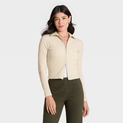 Women's Long Sleeve Brushed Ribbed Polo Zip-Up Jacket - A New Day™ Cream M | Target