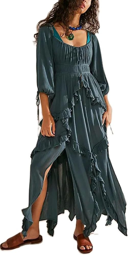 Women Long Sleeve Flowy Boho Dress Y2k Smocked Floral Ruffle Tiered Maxi Dress Fall Casual Swing ... | Amazon (US)