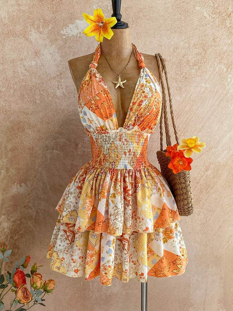 Soleia Vacation Vibe Multicolor Patchwork Floral Vintage Floral Vacation Romantic Casual Pleated Twist Bow Halter Cinched Waist Ruffle Hem A-Line Dress Short Vacation Dress Sunset Dress | SHEIN