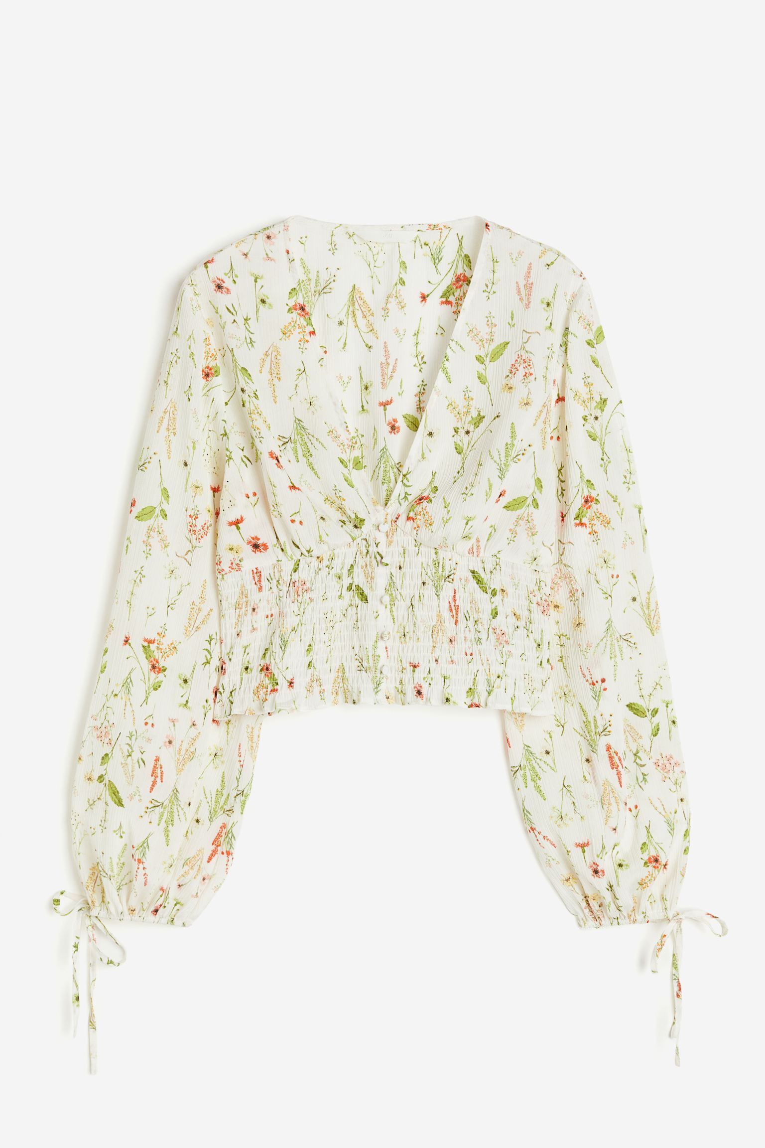 Cropped V-neck blouse - White/Blue floral - Ladies | H&M GB | H&M (UK, MY, IN, SG, PH, TW, HK)