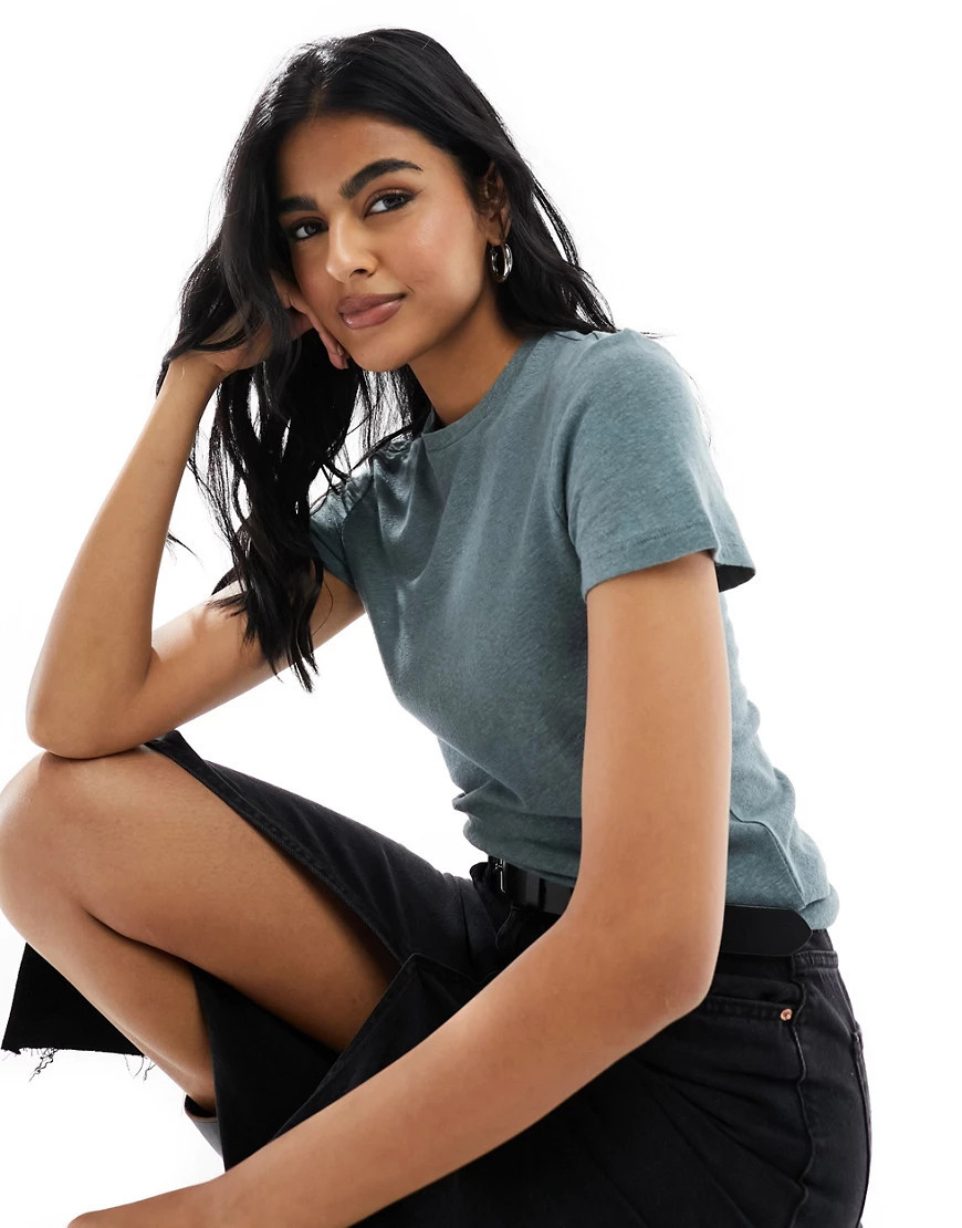 Weekday linen blend fitted t-shirt in in dusty grey green | ASOS (Global)