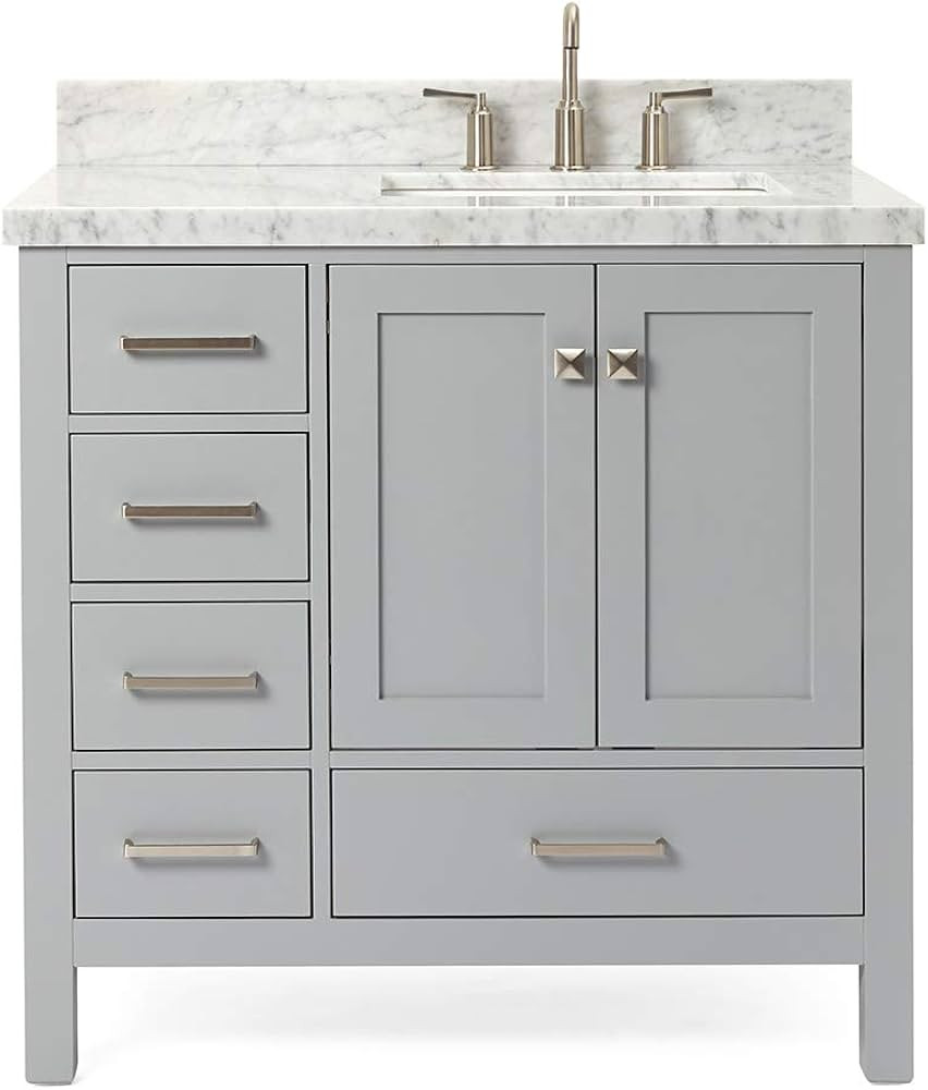 ARIEL 37" Grey Bathroom Vanity with 1.5" Edge Italian Carrara Marble Countertop & Backsplash, Rig... | Amazon (US)