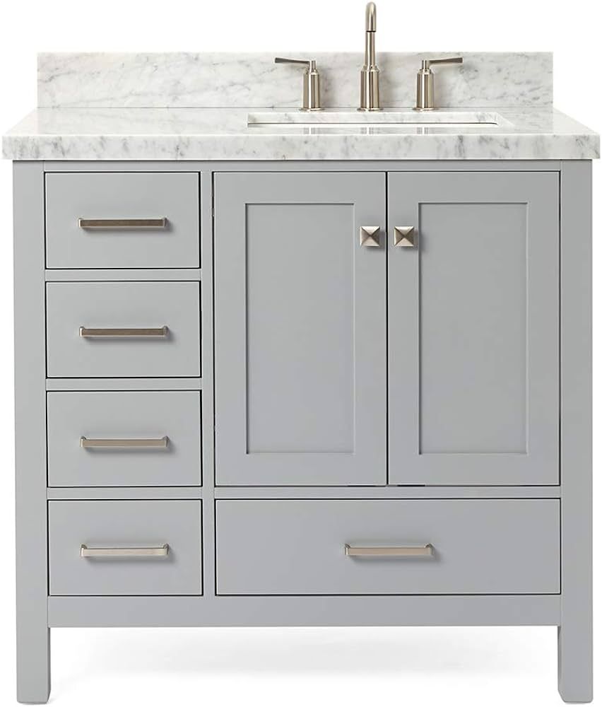 ARIEL 37" Grey Bathroom Vanity with 1.5" Edge Italian Carrara Marble Countertop & Backsplash, Rig... | Amazon (US)