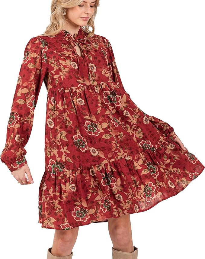 Women's Casual Long Sleeve Tie V Neck Ruffle Tiered A-Line Swing Boho Mini Dress with Pockets | Amazon (US)