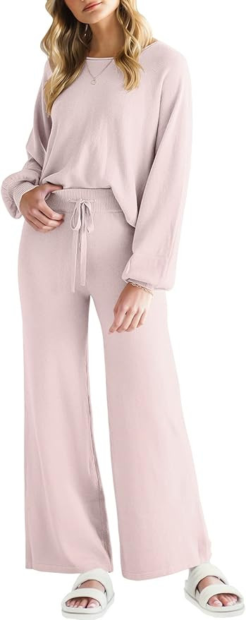 ANRABESS Women’s Two Piece Outfits Lounge Set Long Lantern Sleeve Crewneck Crop Top with Wide L... | Amazon (US)