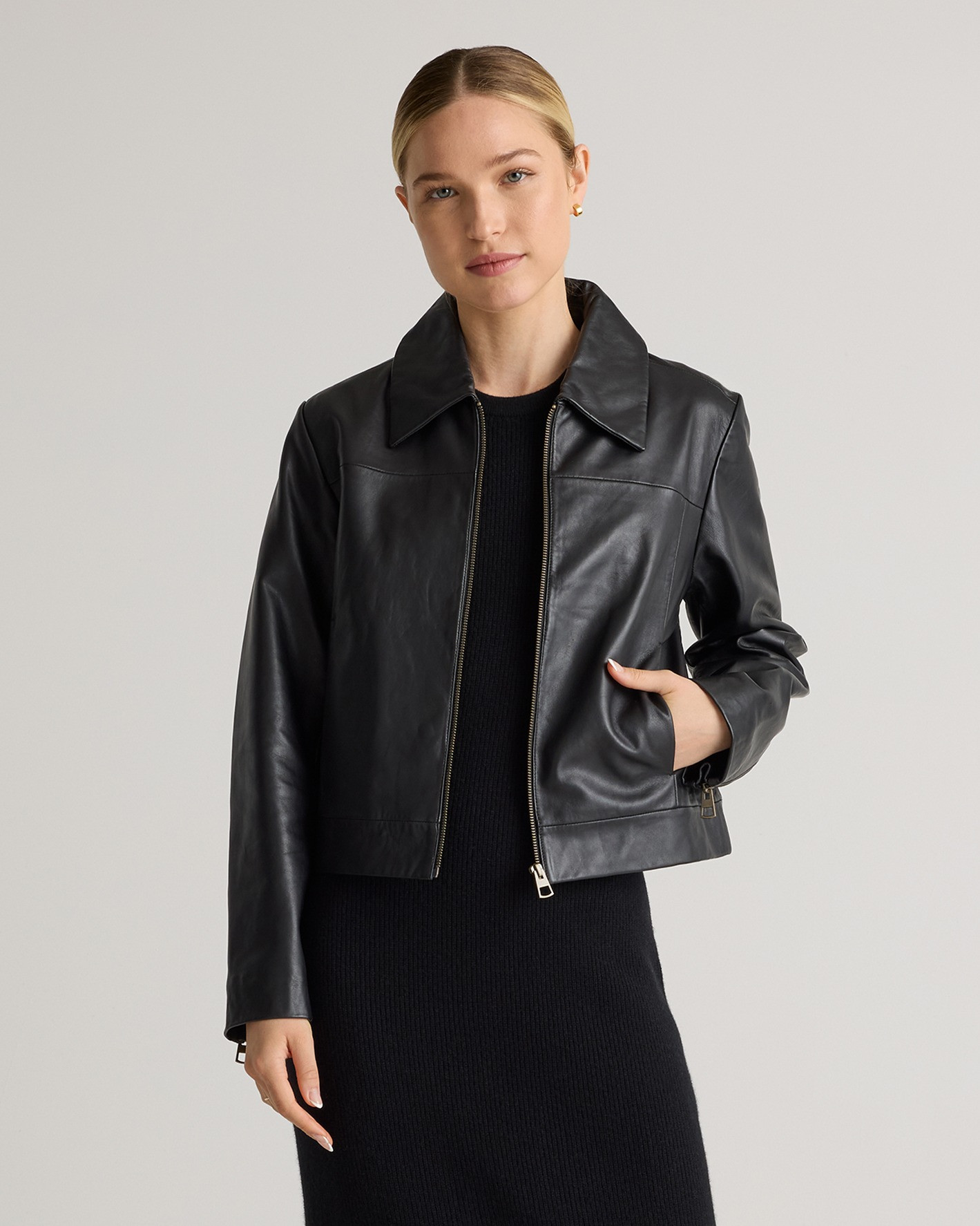 Quince | Women's Cropped Zip-Front Jacket in Black, Size XS, Leather | Quince