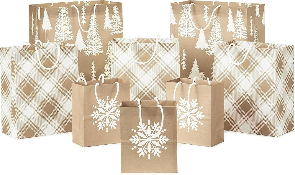 Hallmark Recyclable Holiday Gift Bags (8 Bags: 3 Small 6", 3 Medium 9", 2 Large 13") Kraft Brown wit | Amazon (US)