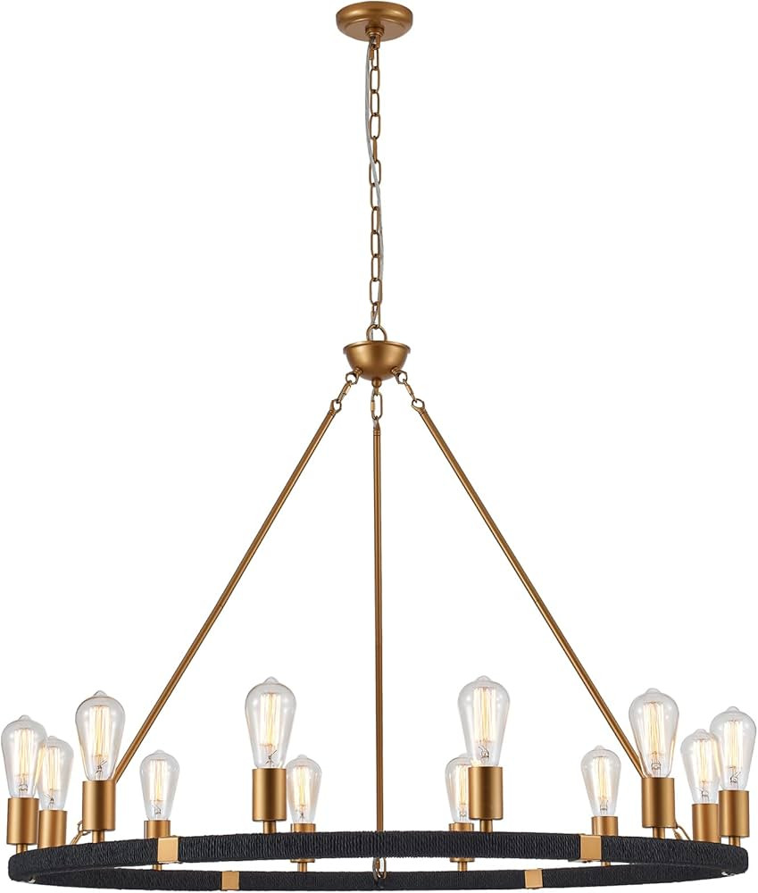 12-Lights Wagon Wheel Chandelier Bohemia Black Hand Woven Rattan Chandelier Farmhouse Large Brass... | Amazon (US)